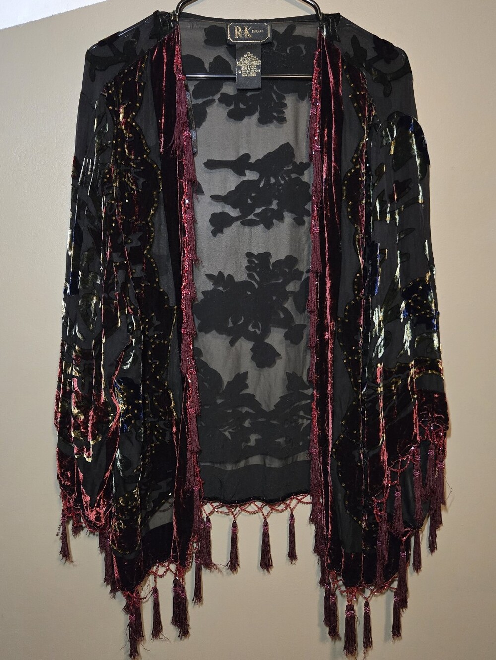 R&K Originals Women's 1X Silk Burnout Velvet Kimono Cardigan Burgundy Fringe